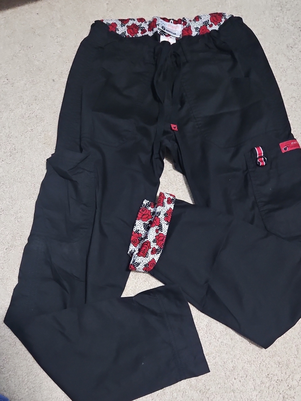koi Black Cargo Scrub Pants with Red Rose Trim